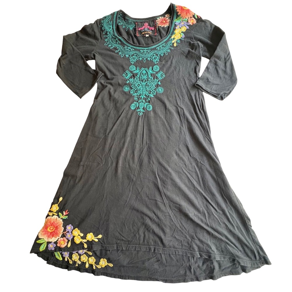 JW Los Angeles Johnny Was Black Embroidered Floral Cotton Tunic Dress SMALL Boho